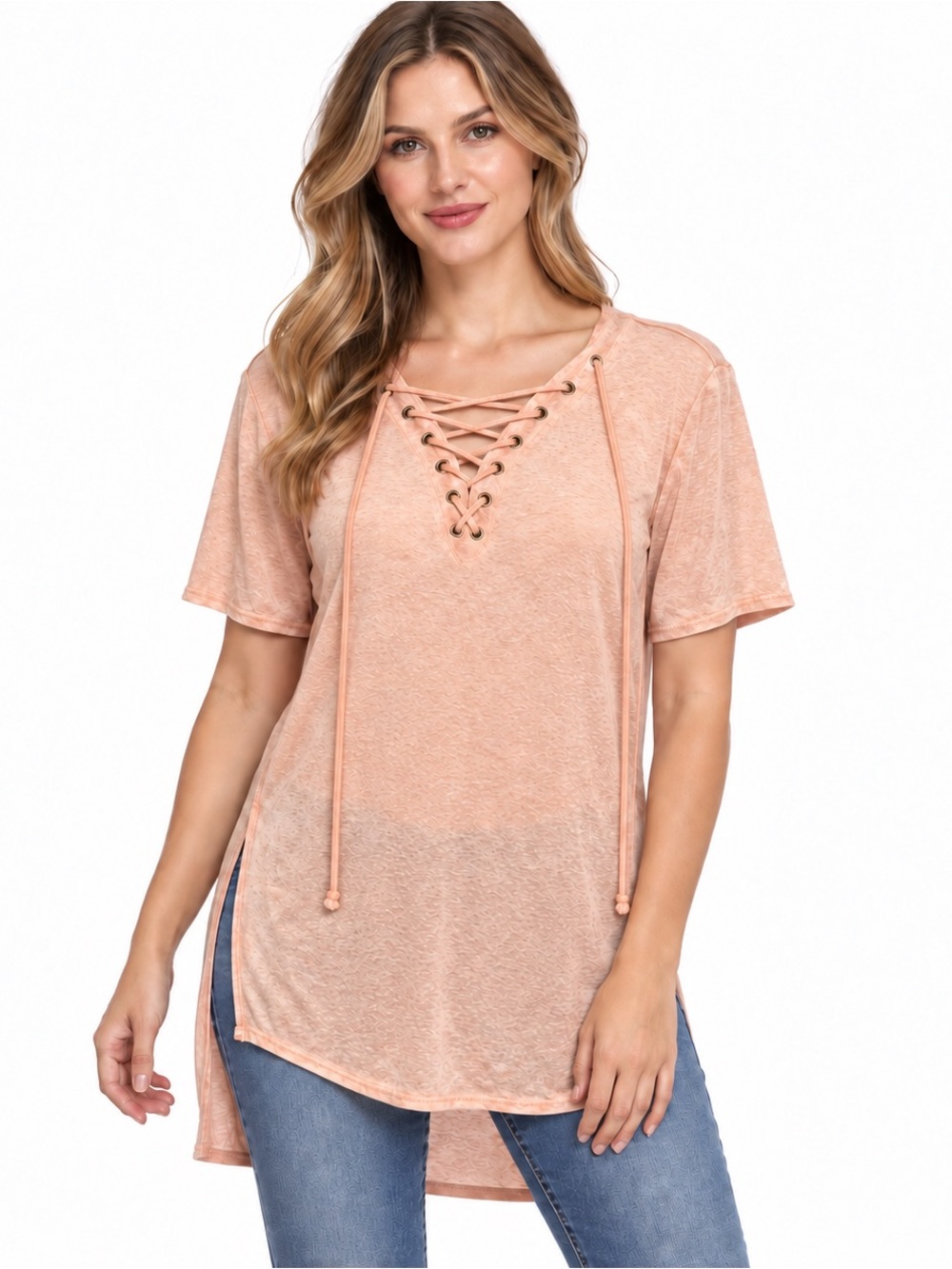 Y2K Peach Lace-Up front boho Semi-Sheer High-Low Tunic coquette